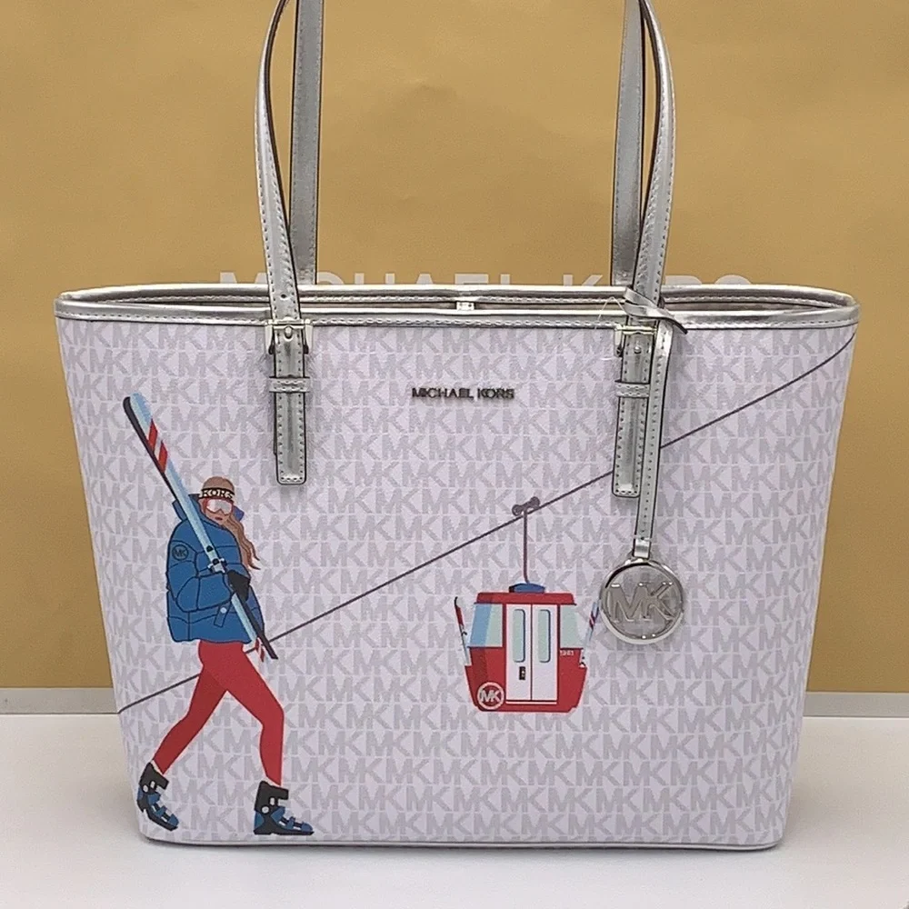 Michael Kors Signature Jet Set Girls Medium Carryall Tote Bright White Multi - Picture 4 of 16